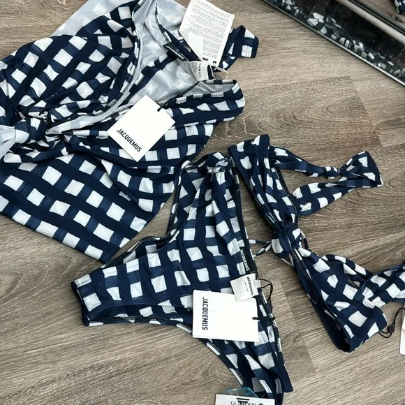 Jacques checkered, navy blue and white bikini set with matching sarong